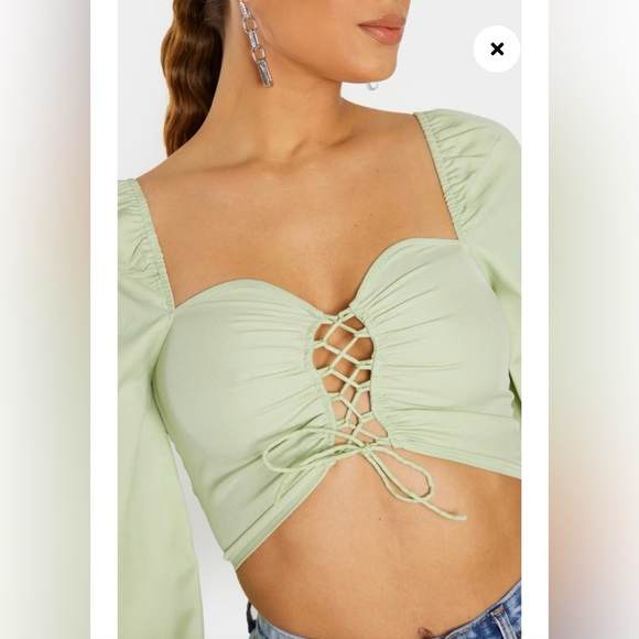 PrettyLittleThing Sage Green Lace Up Long Sleeve Cropped Blouse - Picture 3 of 10